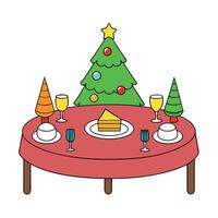Christmas dinner table with Christmas tree on backgorund vector