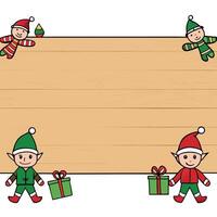 Christmas elves clothing and dolls arranged on a wooden background. empty space around them vector
