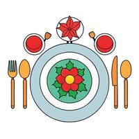 Christmas dinner table setting with red flower. top view vector
