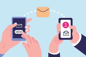 Hand hold white smartphone with message notification, send button flat illustration vector