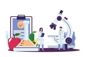 Biological scientists research of food. Tiny chemists testing product to learn about safety flat illustration design vector