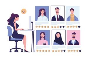 HR Manager working at desk, searching new employee, select resumes of job seekers. flat illustration vector