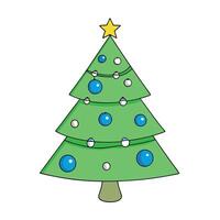 A green christmas tree with blue and silver ornaments on it. vector