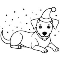 Cute dog with christmas hat lying down. Christmas background. Bokeh lights effect. vector