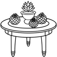 A wooden table topped with christmas decorations and pine cones on top of it. vector