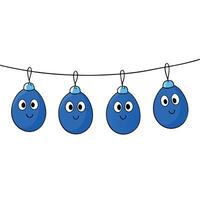 A group of blue christmas ornaments hanging from a line on a string. vector