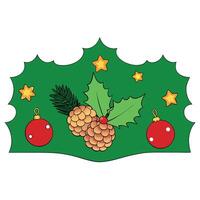 A green christmas background with gold and red ornaments and pine cones. vector