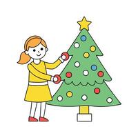 A young girl helps to decorate a christmas tree with festive decorations vector