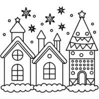 A group of gingerbread houses with christmas lights in the background. vector