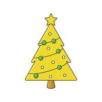 A yellow christmas tree with ornaments on a yellow background with a star on top. vector