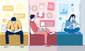 Three Individuals Relaxing on a Couch, Each Immersed in Their Smartphones Capturing the Digital Lifestyle of Modern Times with Casual Comfort and Technology in Everyday Life Reflection vector