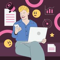 Casual Man Sitting on Couch While Multitasking with Laptop and Smartphone. Home Office Setup, Remote Work Concept for Freelancers and Digital Nomads vector