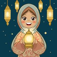 Cute Muslim girl holding lantern cartoon icon illustration vector