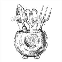 A set of garden tools in a pot by black inks in linear style. Rake, shovel, scissors and index signs. Equipment of florist and an agronomist for cultivating, farm, plant and flower. clip art vector