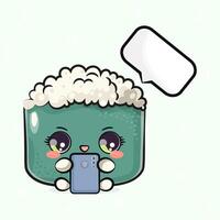 Sushi with a smartphone in hand. hand drawn cartoon kawaii character illustration icon. Isolated on light green background. Sushi character concept vector