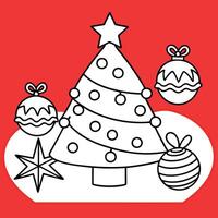Mockup poster christmas tree and decorations with red background vector