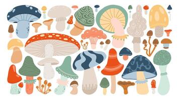 Colorful array of whimsical mushrooms in various shapes and sizes. Perfect for forest-themed designs, botanical prints, and nature-inspired projects. vector