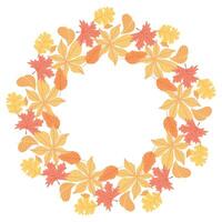 Beautiful autumn wreath made of yellow, orange, and red leaves, creating a circular frame. Great for seasonal decor, harvest themes, and festive Thanksgiving projects vector