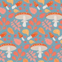Playful forest-inspired pattern with mushrooms, leaves, and berries in red, orange, and yellow, ideal for autumn backgrounds, nature decor, and botanical-themed projects vector