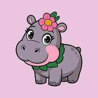 Cute hippo with flower and leaf decoration illustration vector