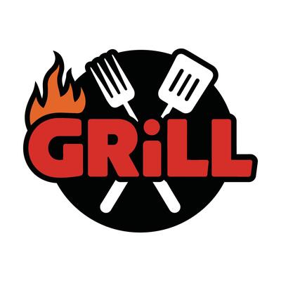 Grill logo with utensils and flames illustration