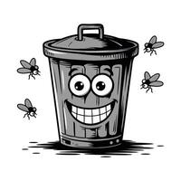 Smiling trash can with flies cartoon illustration vector