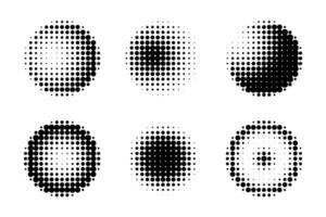 Black halftone sphere shapes set isolated on white. Dotted globe icons. Modern halftone design. vector