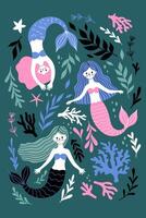Postcard or poster with cute mermaids, corals and seaweed. graphics. vector