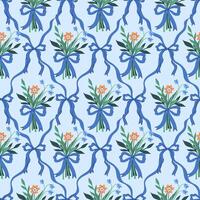 Seamless pattern with bouquets of flowers and blue ribbons. graphics. vector
