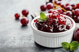 Delicious homemade grape jam with fresh mint in a white bowl photo
