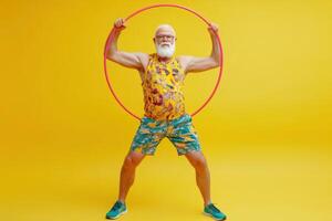 Energetic senior man playing with hula hoop on yellow background photo