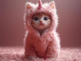 Adorable kitten wearing pink unicorn costume sitting on fluffy rug photo