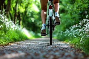 Woman riding bicycle in a green park during summertime photo
