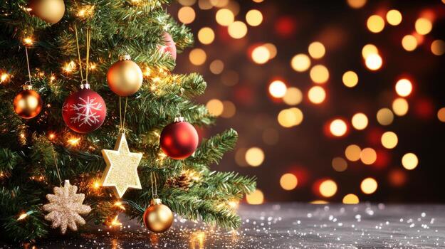 Luxurious christmas tree with shining gold ornaments and festive bokeh lights photo