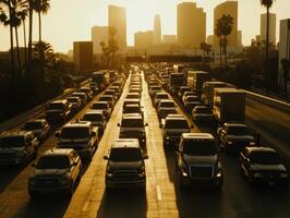 Heavy traffic congestion at golden hour in los angeles photo