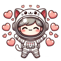 Cute astronaut character with cat ears surrounded by floating hearts. png