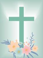 A cross with flowers and a light on a green background vector