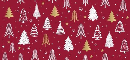 Christmas gold and white tree, pattern on red background, Hand drawn illustrations. vector