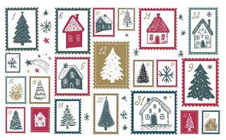 Advent calendar with house and tree on white, hand drawn illustrations. vector