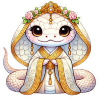 A charming illustration of a wise snake adorned in royal attire and flowers, symbolizing peace. Year of the Snake. png