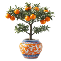 Vibrant orange tree in decorative pot, symbolizing prosperity. png