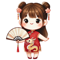 Cute girl in traditional dress holding a fan, Chinese New Year png