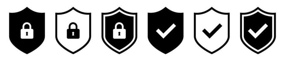 Security shield logo icon set, check mark padlock signs, logotypes of security shields, or protected safety symbols. Protection secure lock signs illustration. vector
