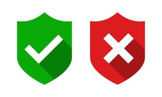 Green and red shield set with check mark, cross icon, ok tick symbol, x cross long shadow sign illustration, internet defense symbol. Approved, rejected, or yes, and no checkmark buttons vector