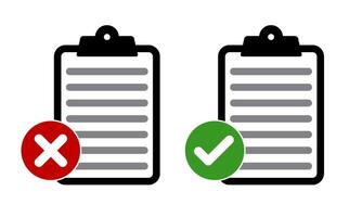 red cross and green checkmark document clipboard icon, Approved and rejected document checklist sheets isolated tick symbols. approve and disapproved office job application signs. vector
