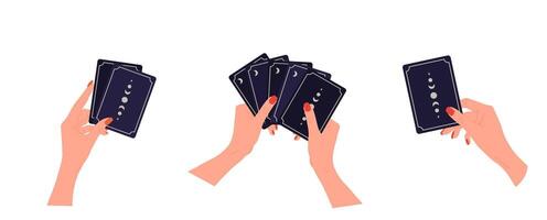 Hands holding tarot cards with boho moon. Female fortune teller predicting future. Magic and esoteric. Set of illustrations in flat cartoon style vector