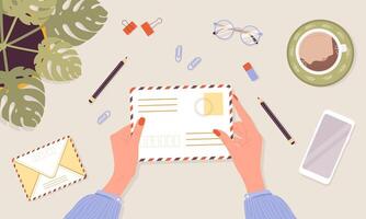 Female hand holding an envelope. Correspondence and mail delivery concept. Top view. Post stamps and postcards. illustration in flat cartoon style. Receiving message, notification, invitation vector