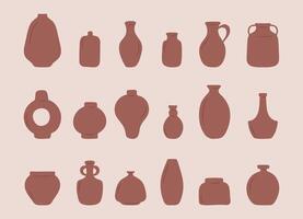 Boho vases set. Abstract silhouette of ceramic pots and clay jugs. Modern home decor. Various forms. Hand drawn doodle illustration vector