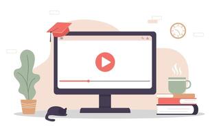 Online education. Flat design concept of training and tutorials. illustration for website banner, marketing material, presentation template, online advertising. vector