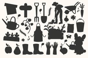 Collection silhouette gardening cute elements vector